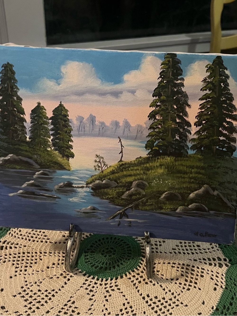Vintage Signed Scenic Pine Lake Landscape Wall Art Large 9” by 12”